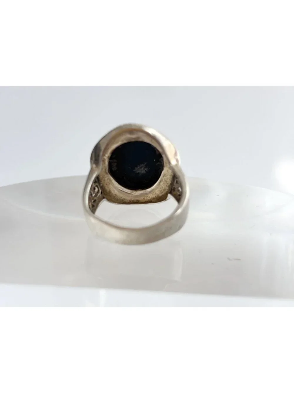Black Onyx & Marcasite Art Deco Cutout Sterling Silver 925 Vintage Ring - sz 8